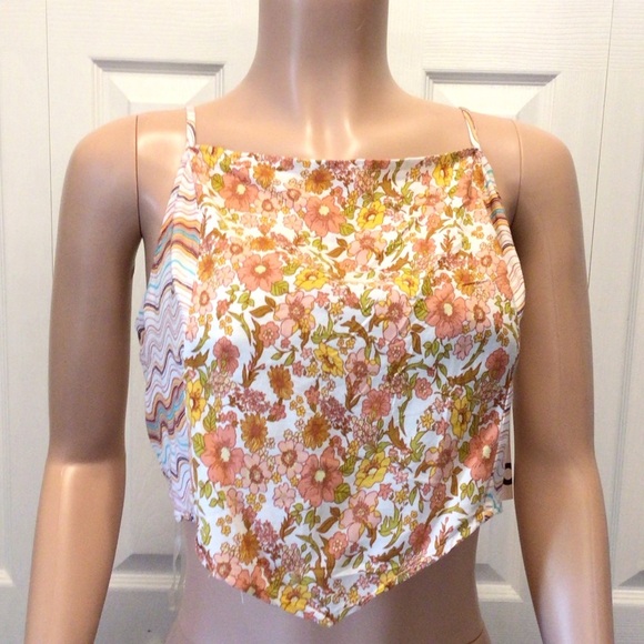 SO Juniors Yellow Pink Floral Contrast Bandana Crop Tank Top Size Large - Picture 1 of 4